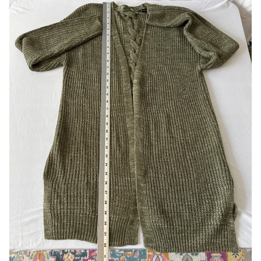 Love Ellie Women's M Boho Lace Up Back Open Front Knit Cardigan Comfy Fall Olive
